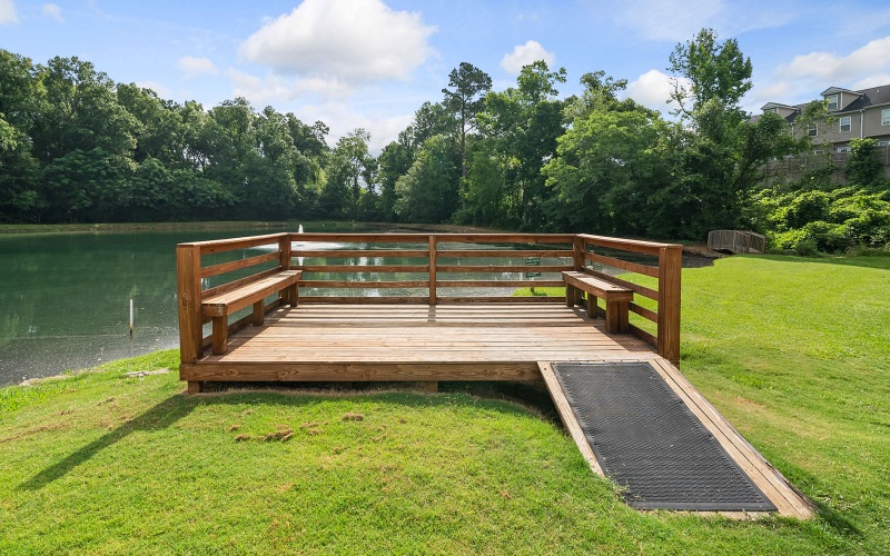 platform with benches next to pond